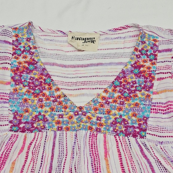 Savanna Jane Top Size M Embroidered Striped Ruffle Sleeve Rayon Boho Blouse - Picture 4 of 7